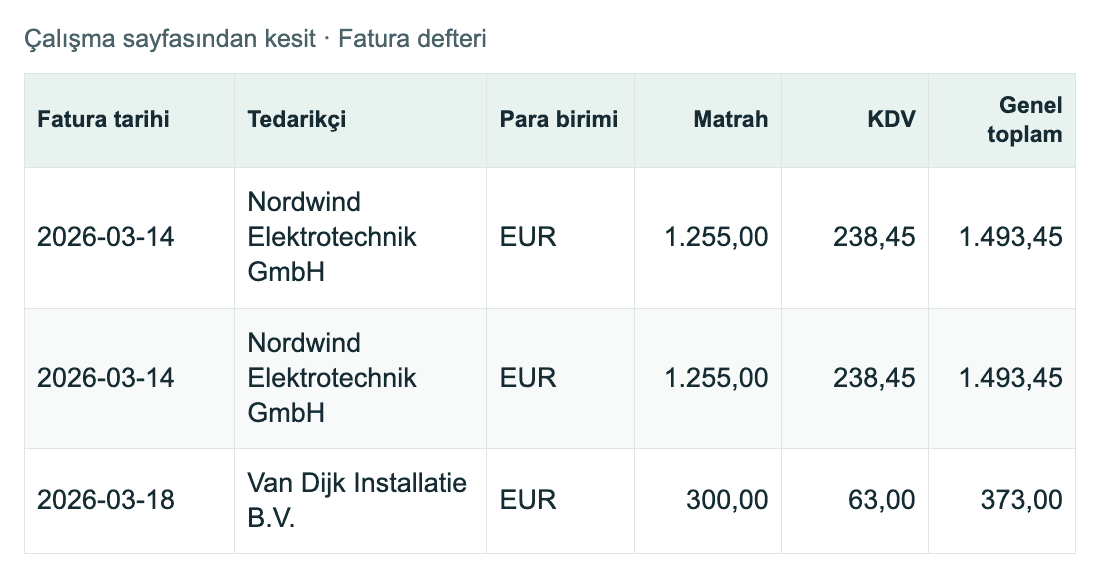 Çalışma sayfasından kesit · Fatura defteri