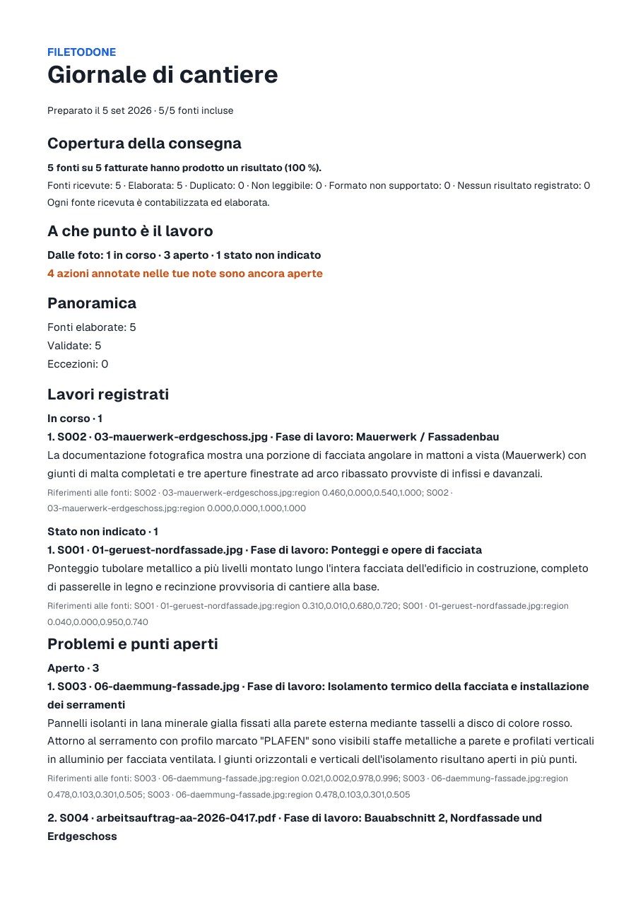 Prima pagina del rapporto di esempio